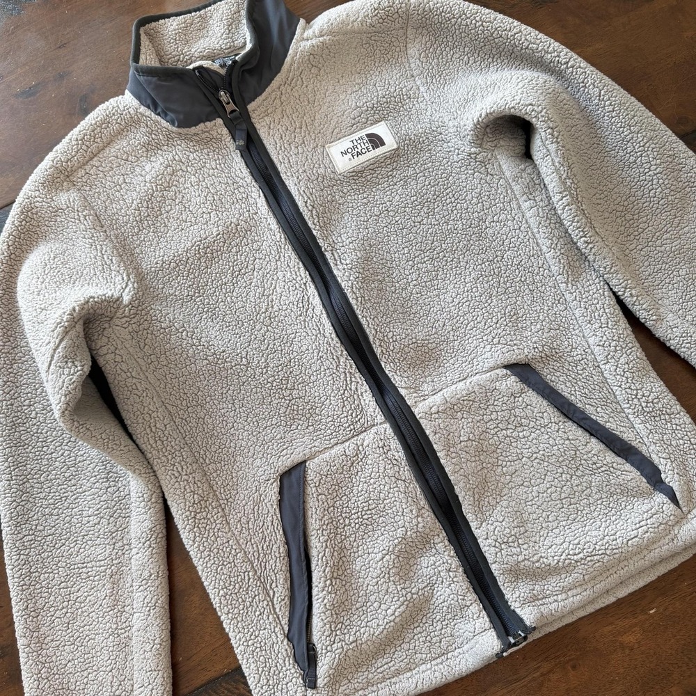 North Face Jacket Boys XL 18/20 Beige Sherpa Fleece Full Zip Winter Coat Hi-pile